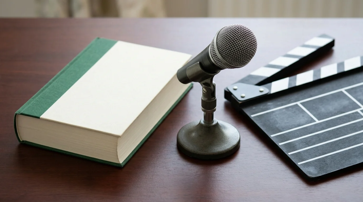 A conceptual still life representing literature, music, and film.
