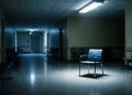 A conceptual view of an empty hospital waiting room at night.