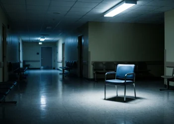 A conceptual view of an empty hospital waiting room at night.