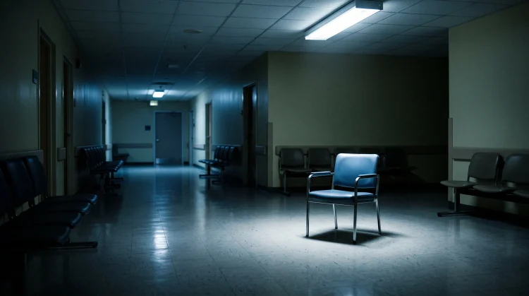 A conceptual view of an empty hospital waiting room at night.