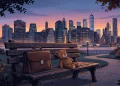 A conceptual illustration representing the themes of New York professional life and fatherhood.
