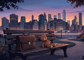 A conceptual illustration representing the themes of New York professional life and fatherhood.