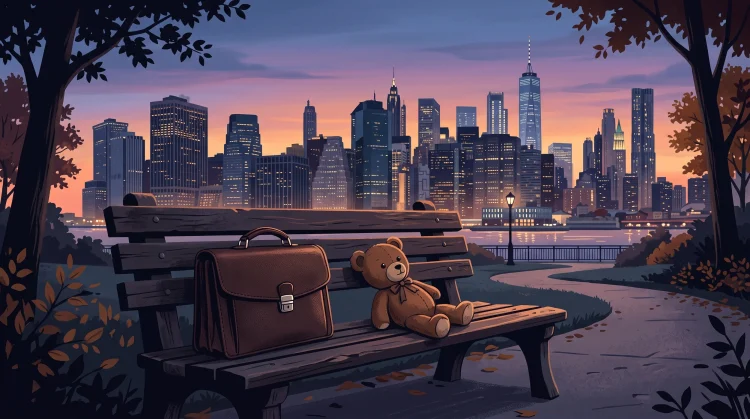 A conceptual illustration representing the themes of New York professional life and fatherhood.