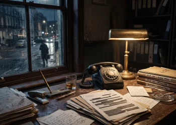 A moody, dimly lit London office desk with files and an old telephone.