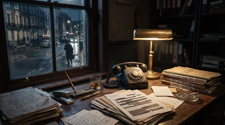 A moody, dimly lit London office desk with files and an old telephone.
