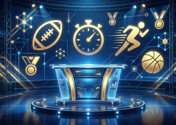 Conceptual sports trivia podium with abstract glowing icons