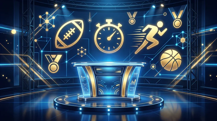 Conceptual sports trivia podium with abstract glowing icons