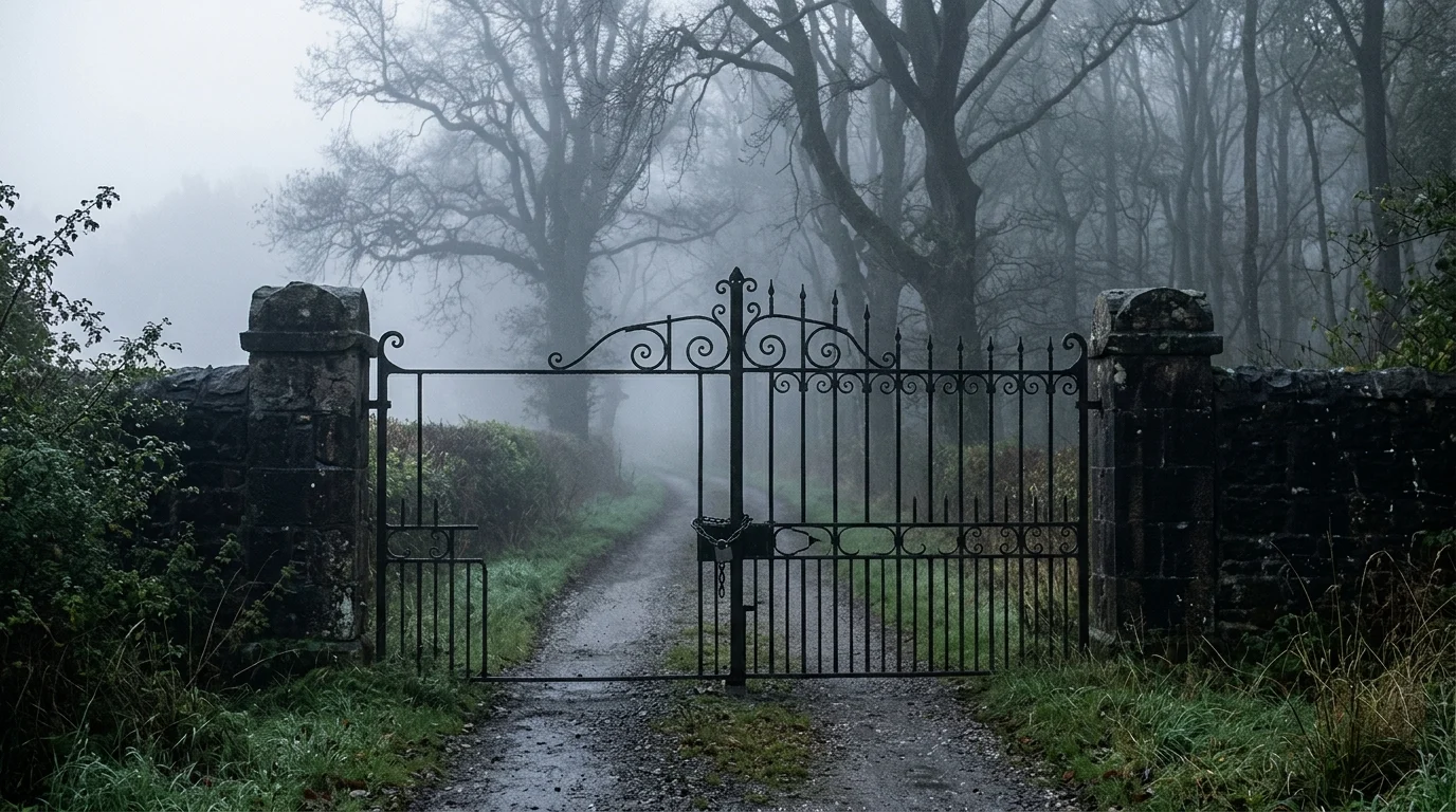 A secure iron gate at the entrance of a private estate.