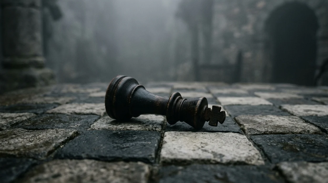 A fallen black king chess piece on a stone board.