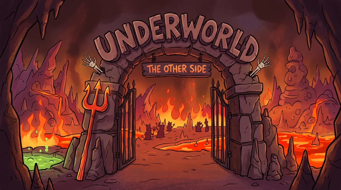 A conceptual illustration of a cartoonish underworld gate with fire and a trident.