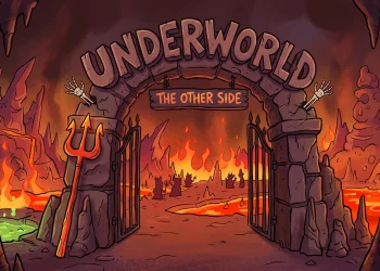 A conceptual illustration of a cartoonish underworld gate with fire and a trident.