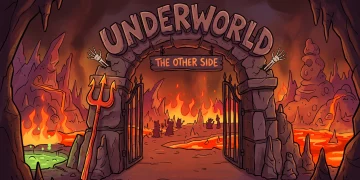A conceptual illustration of a cartoonish underworld gate with fire and a trident.