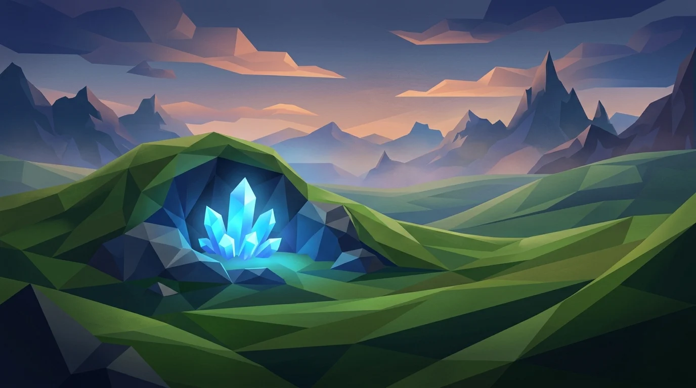A conceptual low-poly landscape representing 90s fantasy adventure games.