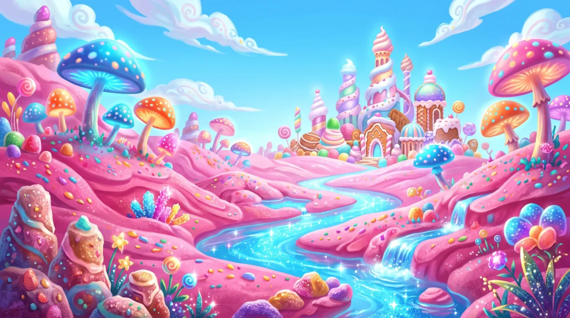 A conceptual digital illustration of a colorful fantasy landscape with surreal candy-themed geography.