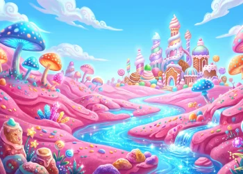 A conceptual digital illustration of a colorful fantasy landscape with surreal candy-themed geography.