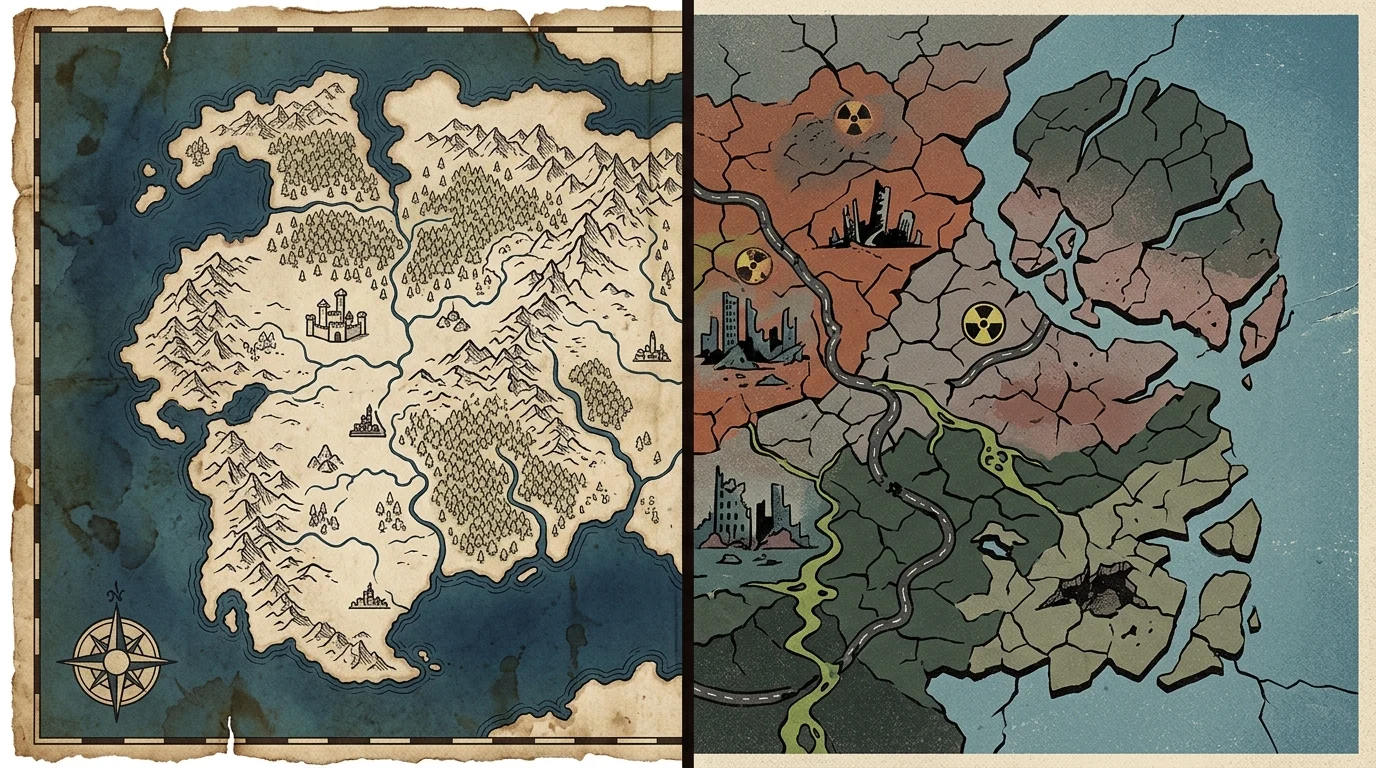 A split screen showing a fantasy map and a post-apocalyptic map.
