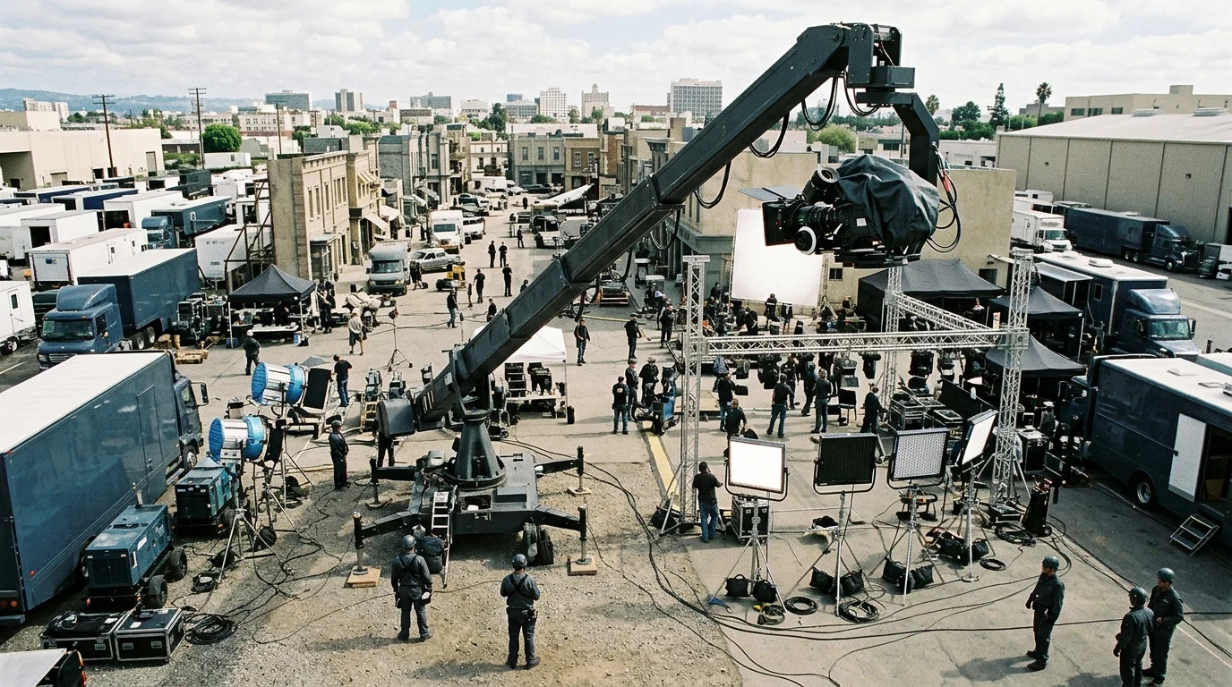Professional movie set with various production equipment.