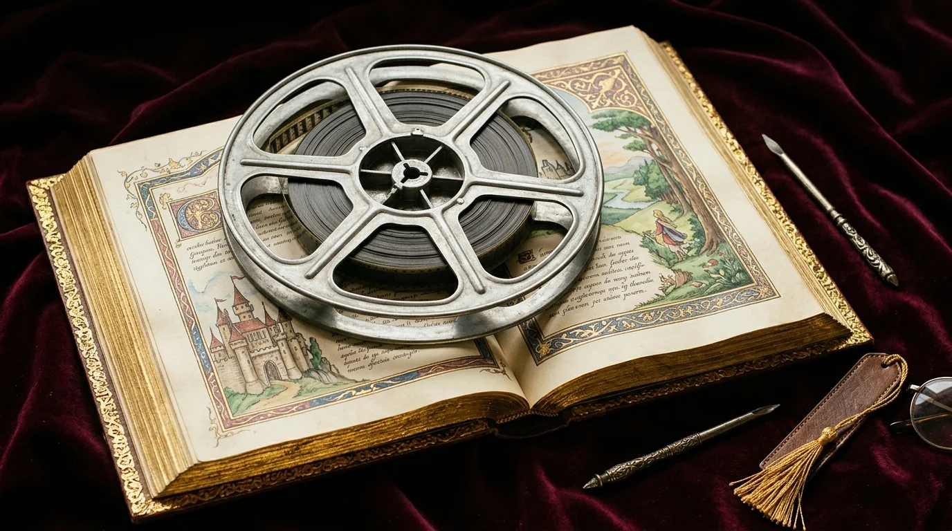 A film reel resting on an open book, symbolizing the intersection of film history and family narrative.