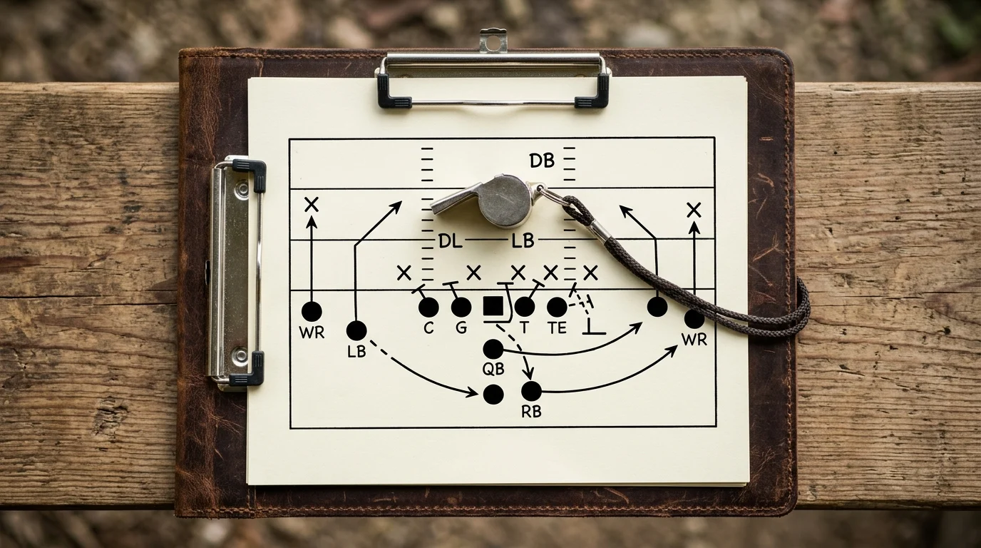 A football coach's clipboard with a strategic play diagram and a whistle.