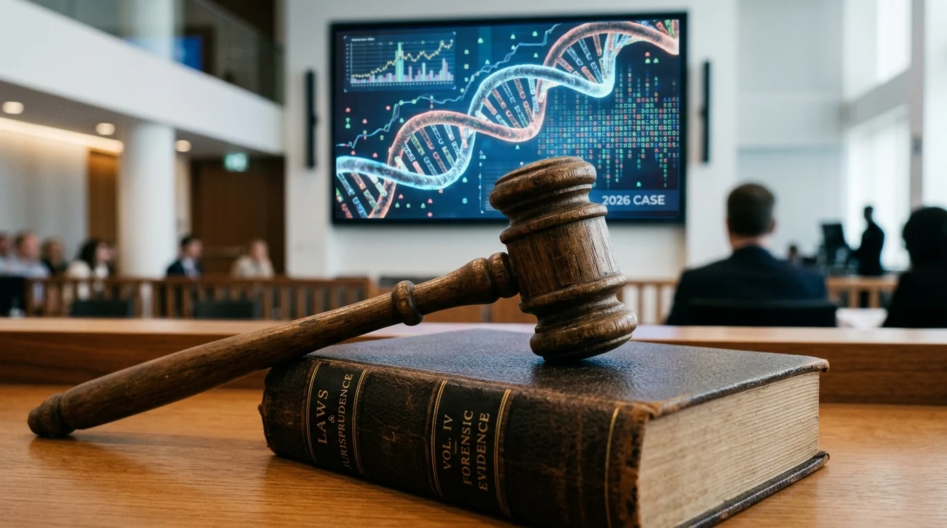 A conceptual image of a gavel and DNA data representing a legal conviction.