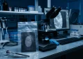 A conceptual forensic lab setting representing a murder investigation.