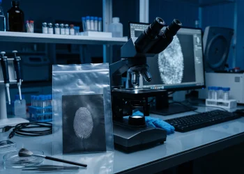 A conceptual forensic lab setting representing a murder investigation.