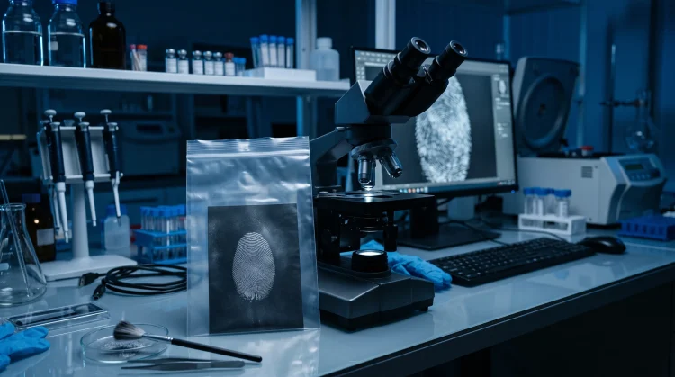 A conceptual forensic lab setting representing a murder investigation.