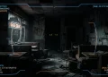 A dark pizzeria interior with glowing robotic eyes in the shadows.