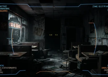 A dark pizzeria interior with glowing robotic eyes in the shadows.