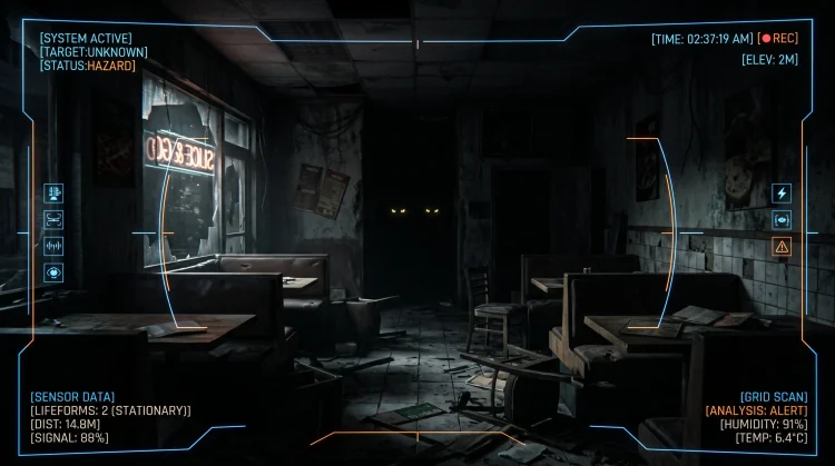 A dark pizzeria interior with glowing robotic eyes in the shadows.