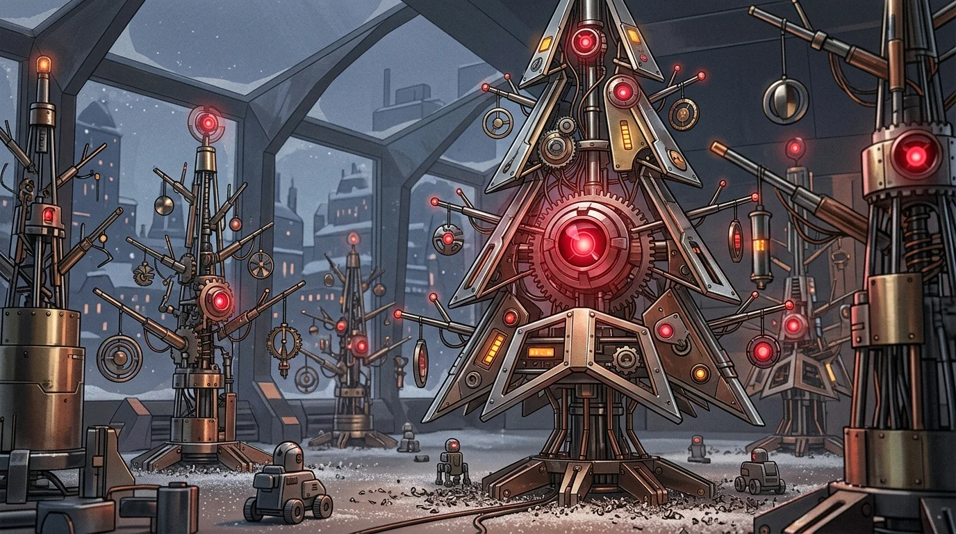 A holiday-themed futuristic display with metallic and robotic elements.