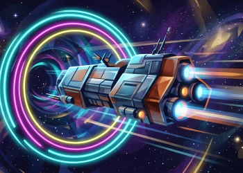 A conceptual delivery ship traveling through a futuristic starfield.