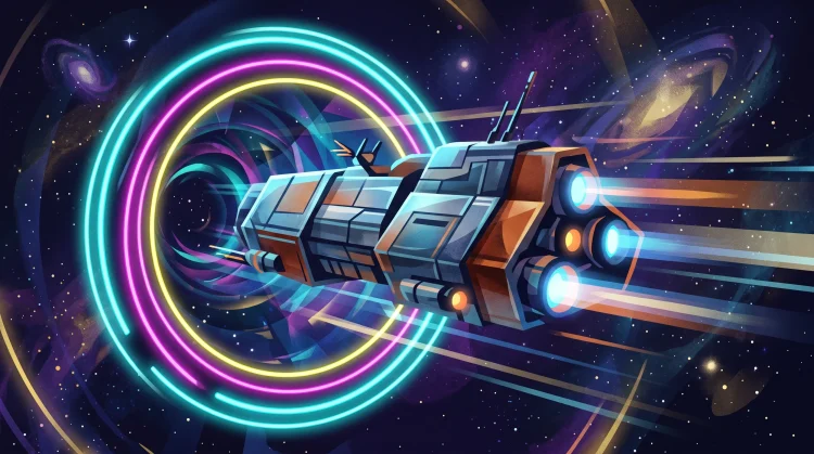 A conceptual delivery ship traveling through a futuristic starfield.