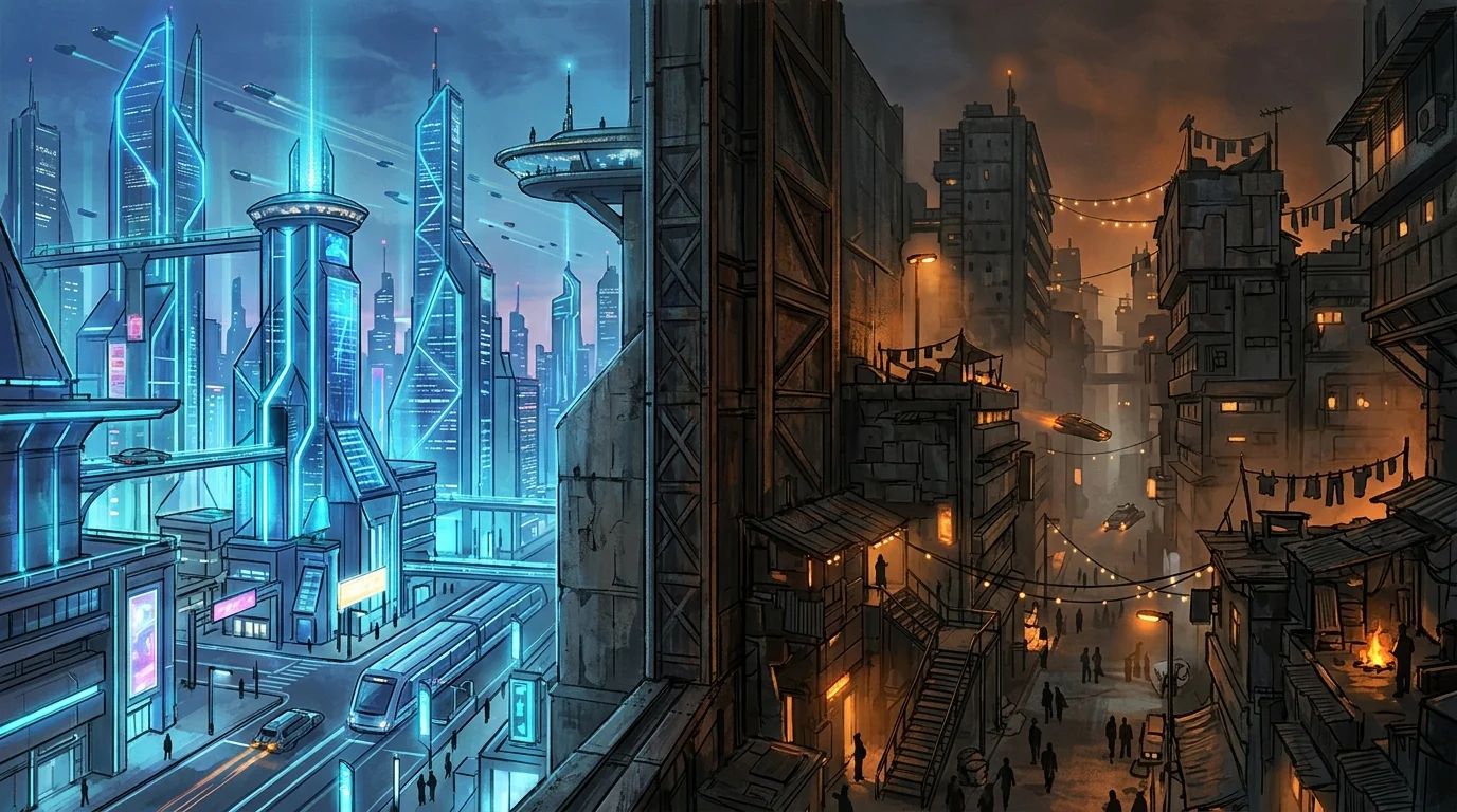 A conceptual depiction of a futuristic divided city.