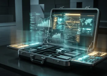 A conceptual digital render of a futuristic spy briefcase with glowing data and schematics.