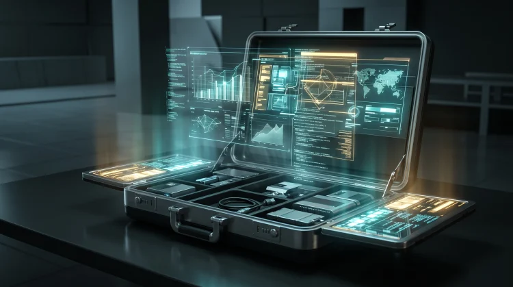 A conceptual digital render of a futuristic spy briefcase with glowing data and schematics.