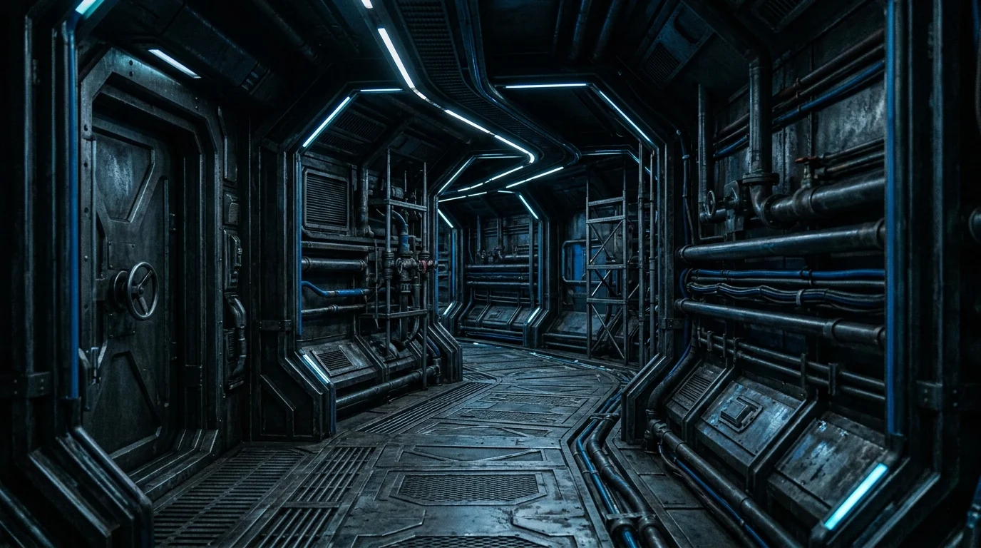 A dark, industrial sci-fi corridor with blue accent lighting.
