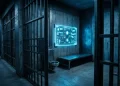 A high-tech prison cell with blue neon lighting and steel bars.