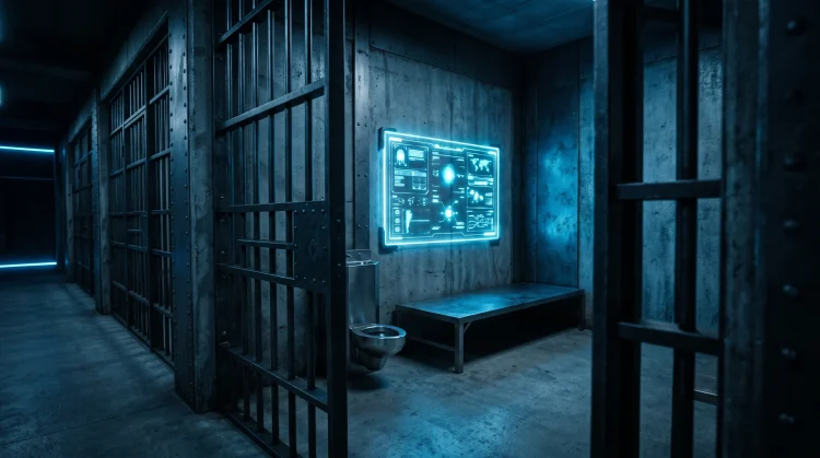 A high-tech prison cell with blue neon lighting and steel bars.