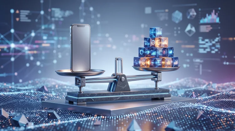 Conceptual image of a smartphone on a scale representing value