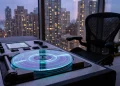 Conceptual image of a completed game master disc in a dark office setting.