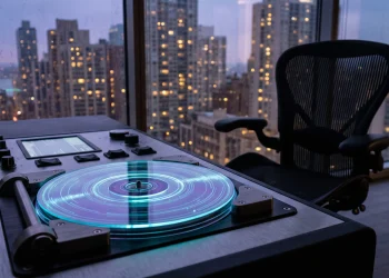 Conceptual image of a completed game master disc in a dark office setting.