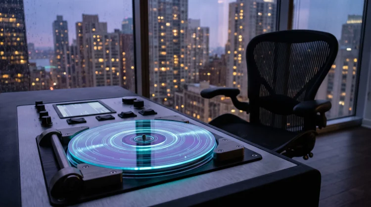 Conceptual image of a completed game master disc in a dark office setting.