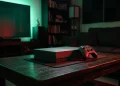 A gaming console in a dark room with atmospheric lighting from a screen.