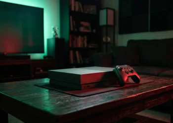 A gaming console in a dark room with atmospheric lighting from a screen.