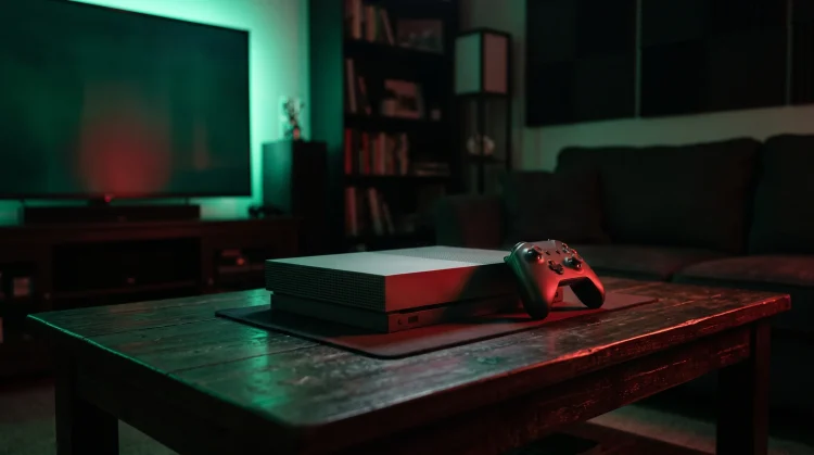 A gaming console in a dark room with atmospheric lighting from a screen.