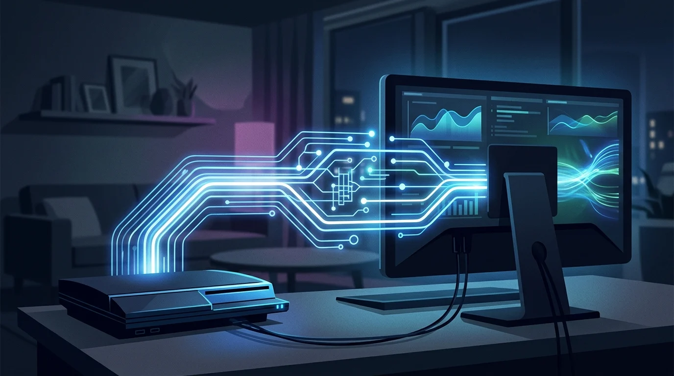 A digital visualization of gaming hardware connectivity.
