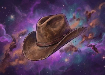 A rustic cowboy hat floating in a cosmic starfield representing Western and Sci-Fi themes.