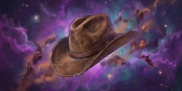 A rustic cowboy hat floating in a cosmic starfield representing Western and Sci-Fi themes.