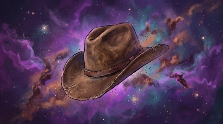 A rustic cowboy hat floating in a cosmic starfield representing Western and Sci-Fi themes.